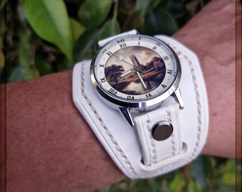 Handcrafted Leather Steampunk Wristwatch, Leather Cuff Watch, high quality vegetable tanned leather , Hand Embossed, Hand-stitched and dyed