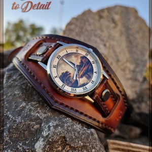 Handcrafted Leather Steampunk Wristwatch, Leather Cuff Watch, high quality vegetable tanned leather , Hand Embossed, Hand-stitched and dyed