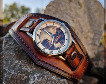 Handcrafted Leather Steampunk Wristwatch, Leather Cuff Watch, high quality vegetable tanned leather , Hand Embossed, Hand-stitched and dyed