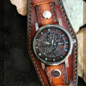 Handcrafted Leather Steampunk Wristwatch, Leather Cuff Watch,  Made with meticulous care and high quality vegetable tanned leather