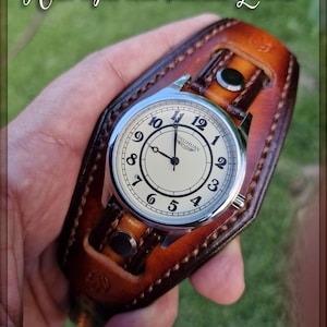 Handcrafted Leather Steampunk Wristwatch Leather Cuff Watch, Made with meticulous care and high quality tanned leather and sweep second hand