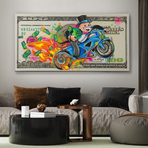 Monopoly Pop Art - Grafitti Canvas Print « Live Life Fast » Mister Monopoly sur une moto - $100 Bill Mural