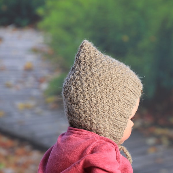 Hand knitted pixie bonnet 100% alpaca wool in many colors and sizes, winter baby, toddler hat, pixie hat