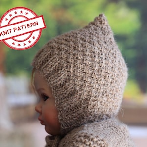 May include: A brown knitted hat with a pointed top and a textured pattern. The hat is worn by a doll with a light brown complexion.