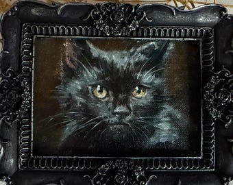 Black Cat Painting, Miniature Gothic Wall Art Dark Ornate Frame, Moody Feline Home Decor