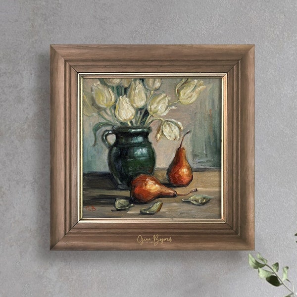 PEARS & TULIPS original oil painting moody still life 8 x 8 wall art farmhouse decor flowers in vase fruit artwork unframed