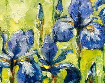 Blue Iris Painting - Original Impasto Wall Art, Impressionist Farmhouse Floral Decor - Unframed