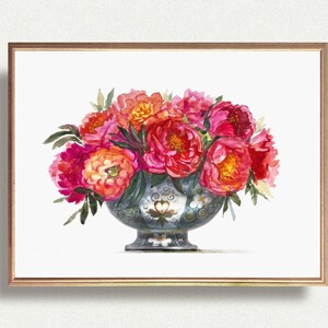 RAMO DE FLORES ROJAS en un jarrón, impresión artística, acuarela, peonías, póster floral
