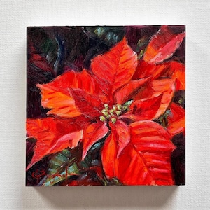 Red poinsettia oil painting, original floral art, Christmas theme wall decor