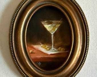 Martini & Olives Painting - Miniature Moody Still-life, Classic Drink Wall Art, Cocktail Bar Decor