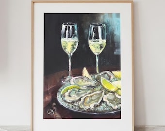 Oysters and Champagne Print, Elegant Still Life, Food Art Moody Kitchen Decor - Unframed