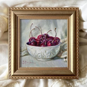 Cherries in white bowl original oil painting 6x6 Colorful kitchen wall decor Still life with red berries Food art - Unframed