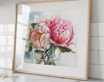 Peonies in glass - Unframed fine art print - Delicate botanical poster - Light pink floral decor