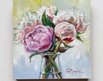 Pink Peonies - Original Oil Painting, Floral Still Life, 6x6 Bouquet Wall Art