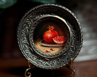 Pomegranate Oil Painting - Miniature Original Food Artwork, Classic Kitchen Decor, Vintage-style Gold Frame
