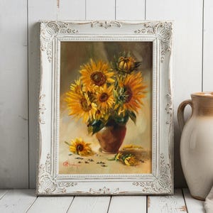 Sunflowers art print - Colorful still life with yellow flowers - Bouquet oil painting print, floral wall art for country house - Unframed