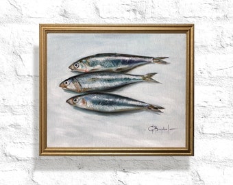 THREE SARDINES art print food art poster still life with fish artwork seafood unframed kitchen wall art