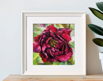 PEONY original oil painting dark red flower miniature square floral decor gallery wall art red green gift idea botanical painting unframed