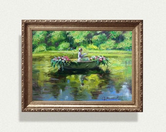 YOUNG GIRL in boat with flowers oil painting fine art print river landscape nature scene pond poster summer scene