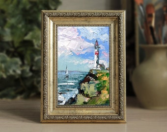 LIGHTHOUSE painting seascape miniature sailboat art unframed