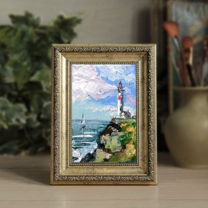 LIGHTHOUSE painting seascape miniature sailboat art unframed Bild 1