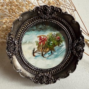 Christmas Sleigh Painting – Tiny Winter Wall Art, Holiday Sled in Snow