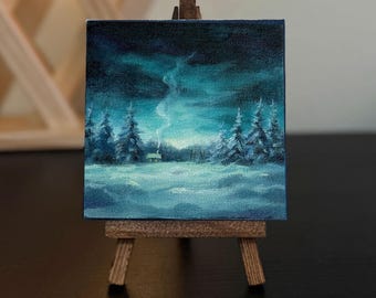 Snowy Winter Landscape - Miniature Original Oil Painting, Small Christmas Wall Art