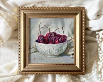 Cherries in white bowl original oil painting 6x6 Colorful kitchen wall decor Still life with red berries Food art - Unframed