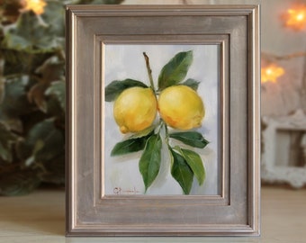 LEMON oil painting original art for kitchen citrus decor colorful still life fruit home gift unframed