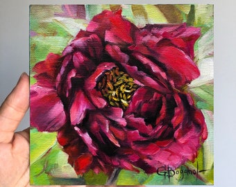 PEONY original oil painting dark red flower miniature square floral decor gallery wall art red green gift idea botanical painting unframed