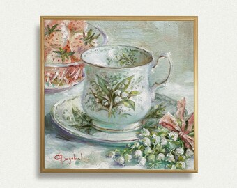 Still Life with Lilies of the Valley and Pineberries original painting vintage cup floral wall art unframed