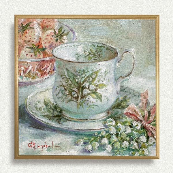 Still Life with Lilies of the Valley and Pineberries original painting vintage cup floral wall art unframed
