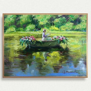 Young woman in a boat with flowers fine art print Summer nature scene River landscape painting Lush green toned artwork - Unframed