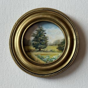 Tiny summer landscape original oil painting in Vintage style gold frame Petit wall decor Authentic farmhouse wall art Small countryside view