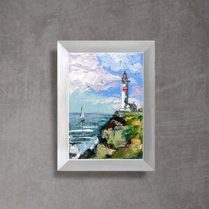 LIGHTHOUSE painting seascape miniature sailboat art unframed Bild 4