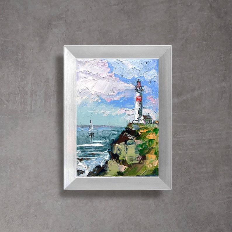 LIGHTHOUSE painting seascape miniature sailboat art unframed Bild 4