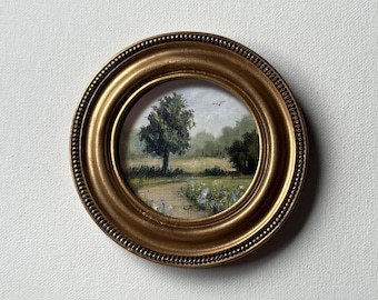 Miniature Landscape Painting - Small Countryside View, Authentic Farmhouse Wall Art