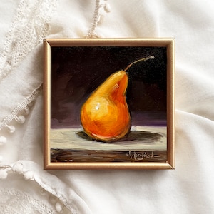 Pear painting original art still life minimalist fruit art food miniature kitchen wall art unframed