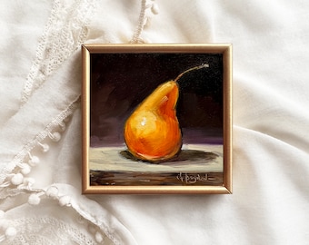 PEAR painting original art still life minimalist fruit art food miniature kitchen wall art unframed