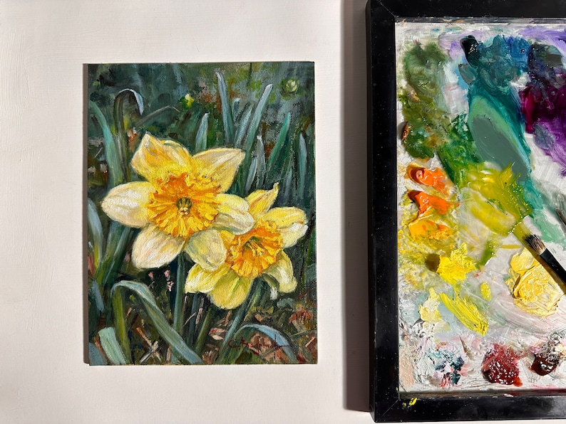 DAFFODILS original oil painting 6 x 8 in. spring flowers gallery wall art unframed image 2