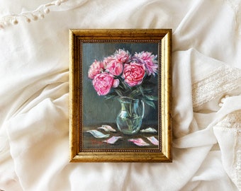 PEONIES painting 5x7 original floral artwork bouquet of peony flowers in a vase  miniature pink gray gallery wall art unframed