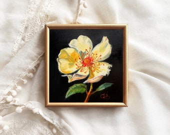 MINIATURE FLOWER painting yellow wild rose 4 x 4 in. rosehip gallery wall art living room kitchen decor mother's day gift