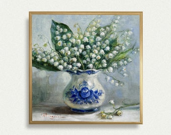 LILY of the VALLEY original oil painting on 8 x 8 canvas panel bouquet of spring flowers