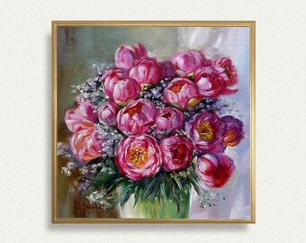 PEONIES original oil painting bouquet of pink flowers colorful decor berry color wall art