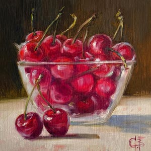 Cherry Bowl Original Oil Painting, Berry Still-Life, Kitchen Decor, 6x6 Wall Art - Unframed