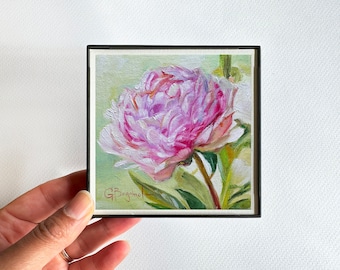 PEONY painting framed print   -   miniature giclée print 4”x4” floral wall art pink flower gift for her housewarming