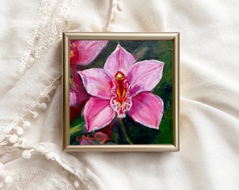 ORCHID miniature floral painting original 4"x4" pink flower wall art mother's day gift housewarming