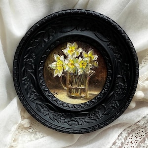 Framed miniature painting, Daffodils original artwork, Ornate vintage style frame, Classic floral home decor