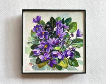 Violets painting print 4x4 bouquet of purple flowers miniature birthday gift