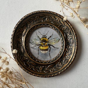 Bumblebee painting in round gold frame, miniature insect artwork, small collectible wall decor